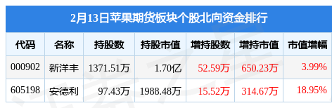 苹果期货板块2月13日涨0.47%<strong></p>
<p>鲁期货</strong>，国投中鲁领涨，主力资金净流入130.52万元