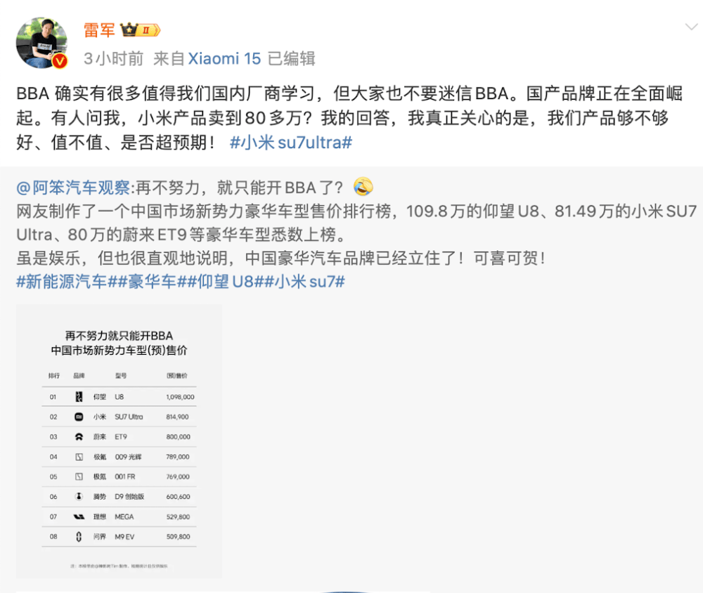 小米汽车卖到80多万<strong></p>
<p>东兴证券股份有限公司</strong>，网友称再不努力只能开BBA！雷军：不要迷信BBA