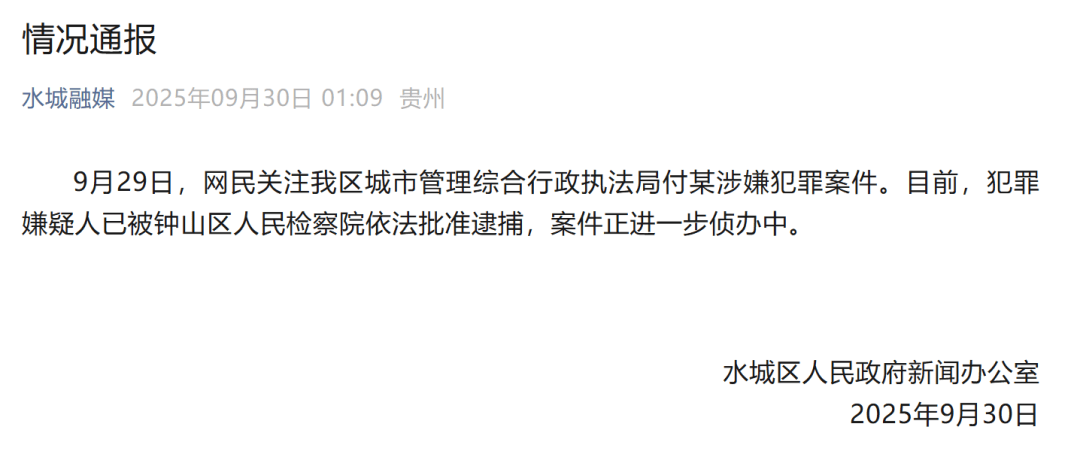 贵州六盘水凌晨通报：城管局付某涉嫌犯罪<strong></p>
<p>虚拟币推广</strong>，已被批捕